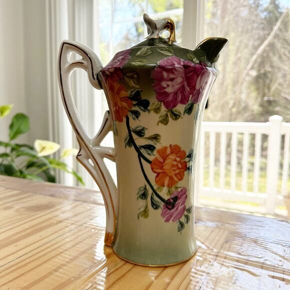 Chocolate Pot Porcelain Pitcher Floral White and Green - Picture 4 of 9